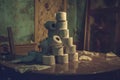 Lots of toilet paper rolls stacked on the table. Soft sanitary paper Royalty Free Stock Photo