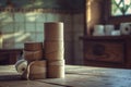 Lots of toilet paper rolls stacked on the table. Soft sanitary paper Royalty Free Stock Photo