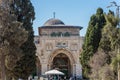 Lots tourists at the main entrance and visiting Al-Aqsa Mosque in the Old City of Jerusalem, the third holiest site in Islam.