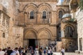 Lots of tourists and pilgrims at the  square in front of the entrance to the Church of the Holy Sepulchre in Jerusalem, Israel Royalty Free Stock Photo