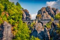 Lots of tourists on the top of cliff in Saxon Switzerland National Park.