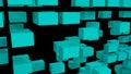 Lots of turquoise cubes flying in space. Beautiful abstraction with turquoise cubes on a black background. 3D illustration