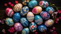 Lots of vibrant Easter eggs with floral pattern. Festive background.