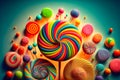 A lots of vivid colourful lollipops on a turquoise background. Created with Generative AI Royalty Free Stock Photo