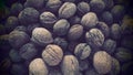 Lots of walnuts close up. Unpeeled walnuts with shells. A bunch of nuts. background. Vegetarian healthy diet