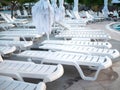 Lots of white empty sun loungers at the pool closeup at sunset Royalty Free Stock Photo