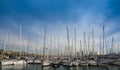 BARCELONA, SPAIN - MARCH 4, 2019: Lots of yachts and masts at Barcelona Marina Port.