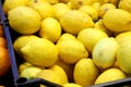 Lots of yellow lemons in the box, background. Good harvest citrus Royalty Free Stock Photo