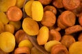 Lots of yellow and orange dried apricots fruits. View from above. Royalty Free Stock Photo