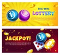 Lottery banners with realistic balls, casino chips and coins