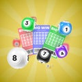 Lottery bingo banner realistic vector illustration. Lotto game balls and cards with lucky numbers Royalty Free Stock Photo