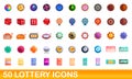 50 lottery icons set, cartoon style