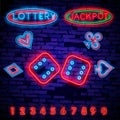 Lottery is a neon sign. Neon logo, emblem gambling, bright banner, neon casino advertising for your projects. Night light Royalty Free Stock Photo