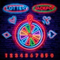 Lottery is a neon sign. Neon logo, emblem gambling, bright banner, neon casino advertising for your projects. Night light Royalty Free Stock Photo