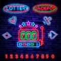 Lottery is a neon sign. Neon logo, emblem gambling, bright banner, neon casino advertising for your projects. Night light Royalty Free Stock Photo