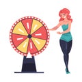 Lottery with Smiling Woman Presenter Standing Near Roulette Wheel Vector Illustration