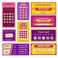 Lottery tickets lucky scratch bright glossy templates set Royalty Free Stock Photo