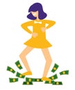 Lottery winner, girl dancing on dollar bills, money on floor