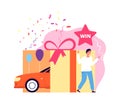 Lottery winner. Happy man win car. Surprise, gambling casino prize. Winning time, lucky guy vector illustration