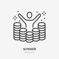 Lottery winner raises hands among gold coins line icon, vector pictogram of prize. Money winning illustration, casino