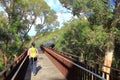 A woman walks on canopy walkway of Lotterywest Federation Walkway at King`s Park and Botanical Garden in Perth, Australia. Royalty Free Stock Photo