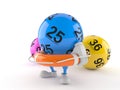 Lotto ball character holding life buoy