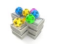 Lotto balls on stack of money