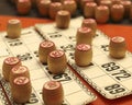 Lotto board game. Wooden lotto barrels and cards. Bingo game. Gambling