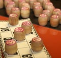 Lotto board game. Wooden lotto barrels and cards. Bingo game. Gambling