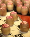 Lotto board game. Wooden lotto barrels and cards. Bingo game. Gambling