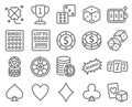 Lotto Casino icon set vector illustration. Contains such icon as Card game, Casino chip, Jackpot, Dice, Slot, Lucky draw and more.