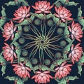 Lotus background. Circular Floral pattern with water lilies on a deep blue background.