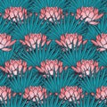 Lotus background. Floral seamless pattern with water lilies and fan palm tree leaves on deep blue background. Royalty Free Stock Photo