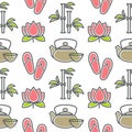 Lotus and bamboo spa and beauty teapot and cup seamless pattern