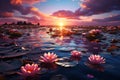 Lotus blooms grace the lake, sunsets colors kiss natures canvas