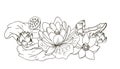 Lotus, a composition of flowers and leaves. Black and white outline