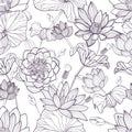 Lotus floral seamless pattern. Hand drawn monochrome background.