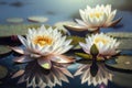 Lotus flower, beautiful white water lily flowers bloom, lake river fantastic nature flower illustration Generative AI