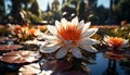 The lotus flower blooms, reflecting beauty in nature pond generated by AI