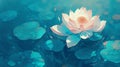 Lotus flower with bright white and pink petals floating on a serene blue pond with lily pads and specks of light Royalty Free Stock Photo