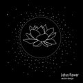 Lotus flower in a circle on a black background.Drawing in minimalistic single line style