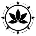 Lotus flower within a compass rose in a circular design, black and white Royalty Free Stock Photo