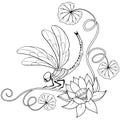 Lotus flower frame corner with dragonfly