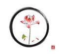 Lotus flower, gingko leaf and three little red fishes in enso zen circle on white background. Traditional oriental ink Royalty Free Stock Photo