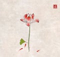 Lotus flower, gingko leaf and three little red fishes on vitnage background. Traditional oriental ink painting sumi-e, u Royalty Free Stock Photo