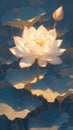 Lotus flower, glowing warmly amidst blue leaves in a mystical pond setting, as if lit by moonlight