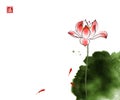 Lotus flower, green leaf and three little red fishes on white background. Traditional oriental ink painting sumi-e, u Royalty Free Stock Photo