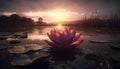 Lotus flower head reflects pink sky at dusk generated by AI