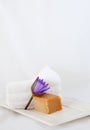 Lotus flower, natural soap, and marble tray Royalty Free Stock Photo