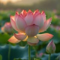Lotus flower with petals transitioning from white to pink, bathed in soft sunlight, amidst a backdrop of greenery Royalty Free Stock Photo